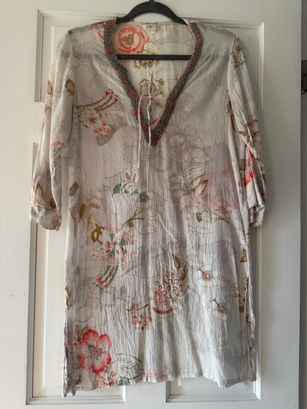 Boho Floral Swim Coverup Tunic - Cream with Coral & Teal Accents 100% cotton